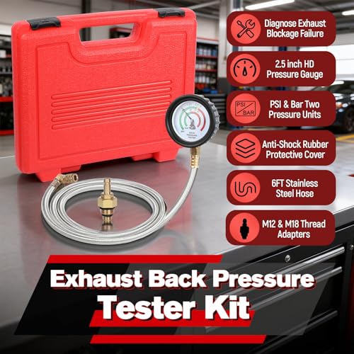 Exhaust Back Pressure Tester Kit with 6FT Stainless Steel Hose, Professional Diesel Automotive Exhaust Back Pressure Gauge with Quick Connector, M12 & M18 Adapters, for Trucks, SUVs, Vans etc.