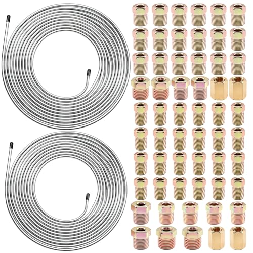 60Pcs 2 Sets 3/16 Inch & 1/4 Inch 25 FT Brake Line Tubing Kit with 58 Pcs Brake Line Fittings, Zinc Coated Alloy Steel Brake Lines Kit Replacement for Hydraulic Fuel Transmission Line - size: 3/16 + 1/4 Inch Silver, style: Brake Line