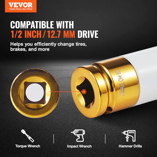 VEVOR 9-Piece Lug Nut Impact Socket Set 1/2 Inch Drive, Metric and SAE, 6-Point, CR-MO, Deep Wheel Protector Impact Socket Set With Storage Case and Extension Bar for Auto Repair
