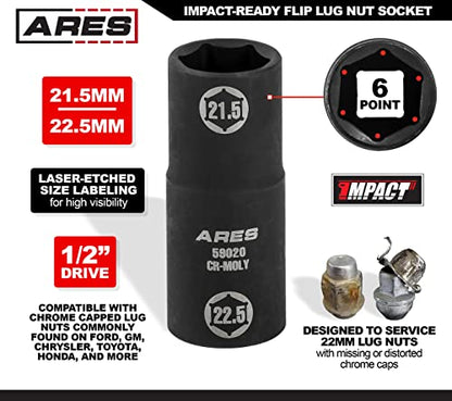 ARES 59020-1/2-inch Drive 21.5 x 22.5mm Half Size Lug Nut Flip Socket - Impact Grade Chrome-Moly Steel – Remove Warped, Damaged, and Bloated Chrome Capped Lug Nuts - size: 21.5 x 22.5mm