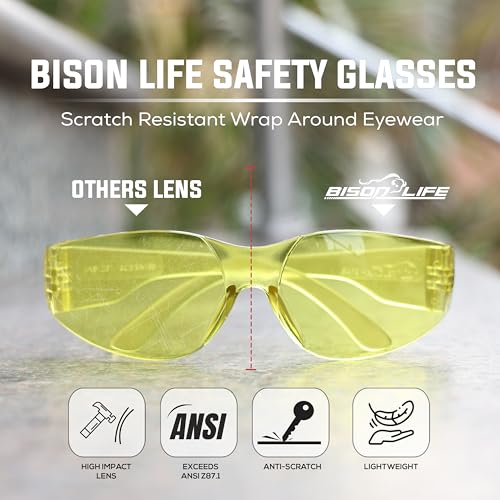 BISON LIFE Clear Safety Glasses – ANSI Z87.1 Certified Scratch & Impact Resistant Eye Protection Goggles for Men & Women - color: Yellow/Yellow