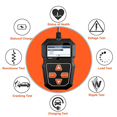 KW208 12V Car Battery Tester, Automotive Battery Load Tester, 100-2000 CCA Auto Cranking & Charging System Test, Display Diagnostic Checker Scan Tool Digital Battery Analyzer for Truck Marine SUV Boat