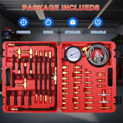 GOOACC Fuel Injection Pressure Tester Kit - 0-140PSI Fuel Pressure Gauge with 6.30 7.89 9.49 Fuel Line Fittings, Gasoline Engine Diagnostic Tool for Car Truck SUV ATV