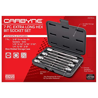 CARBYNE 7-Piece SAE Extra Long Hex (Allen) Bit Socket Set, 1/8 in. to 3/8 in., 3/8 in. Drive, S2 Steel Bits, CrV Sockets, 6.1 in. Overall Length for Deep-Reach Access, Durable Storage Case - style: SAE Hex