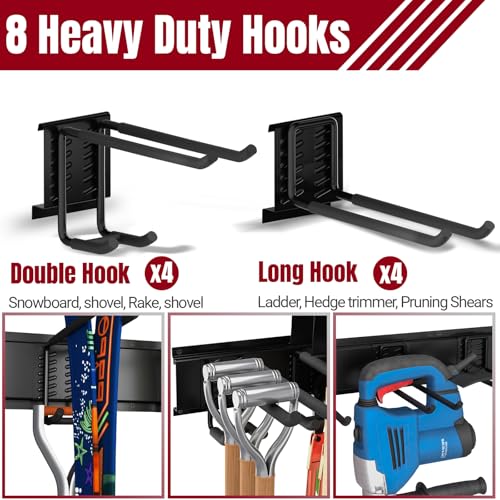 99" Garage Tool Organizer Wall Mount, 28 Pack Heavy Duty Wall Mount Garage Storage Rack Carries1000 lbs, Metal Wall Mount Tool Hanger for Shovels, Rakes, Fits 16" Wall Studs (6 Panels) - size: 99" | 6 Panels+18 Hooks+4 Straps