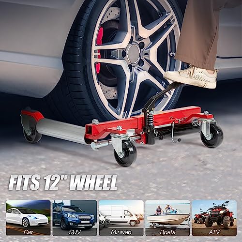 TUFFIOM Car Wheel Dolly Jack Set of 2, Hydraulic 3000-lbs Car Skates, 12'' Wheel Vehicle Positioning Jack, Heavy Duty Rollers with Foot Pedal for Tire Auto Repair Moving, Red - color: Red, Set of 2