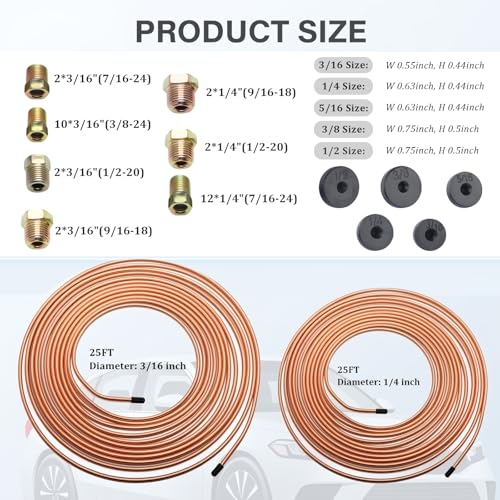 Brake Line Flaring Tool Kit with 32 Inverted Fittings,Brake Line Kit 25Ft 3/16" & 1/4" Copper Plated Tubing,Single & Double Flare Tool Set,Brakes Lines Repair Kits for Car SUV Truck