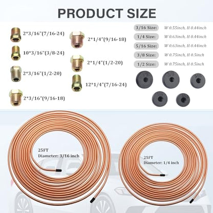 Brake Line Flaring Tool Kit with 32 Inverted Fittings,Brake Line Kit 25Ft 3/16" & 1/4" Copper Plated Tubing,Single & Double Flare Tool Set,Brakes Lines Repair Kits for Car SUV Truck