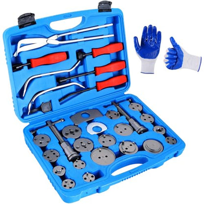 24pcs Heavy-Duty Disc Brake Caliper Tool & 8pcs Drum Brake Tool | 32PCS Dual Brake Tools 2 in 1 Brake Caliper Compression Tool & Brake Spoon Set with Drum Brake Spring Pliers