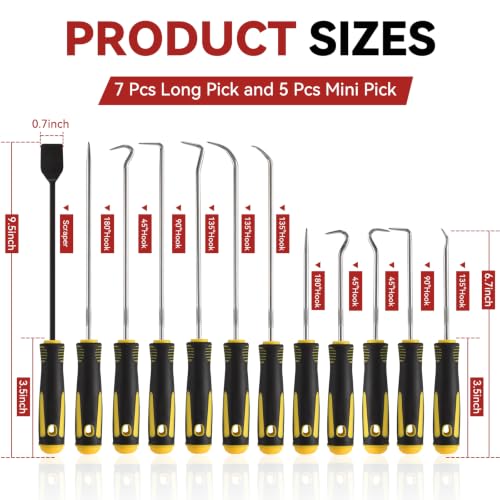 12PCS Automotive Pick and Hook Tool Set, Precision Mechanic Pick Set | Premium Metal Shafts, Includes Scraper, 6 Hook Styles, Dual Length Picks for O-Ring, Seal & Gasket Removal - color: Yellow