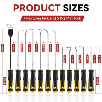 12PCS Automotive Pick and Hook Tool Set, Precision Mechanic Pick Set | Premium Metal Shafts, Includes Scraper, 6 Hook Styles, Dual Length Picks for O-Ring, Seal & Gasket Removal - color: Yellow
