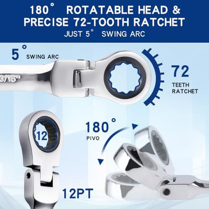 Qnkaa Flexible Ratcheting Wrench Set 24pcs Metric 8-19mm & SAE 1/4” to 7/8“ Inch Flex-Head Spanner Gear Ring Ratchet Combination Wrenches Kit with Pouches