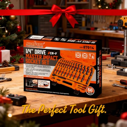 HORUSDY 56-Piece 1/4" Drive Impact Socket Set, Standard SAE (5/32 to 9/16 inch) and Metric (4-15mm) Size, 6 Point, Cr-V, 1/4-Inch Drive Ratchet Wrench, Drive Extension Bar, Impact Universal Joint - style: 56PC 1/4" Set + Ratchet