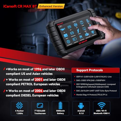 iCarsoft CR Max BT (Enhanced) Wireless Bidirectional Diagnostic Tool, ECU Adaptation/Teach-in, 49+ Reset All System Touchscreen Battery Registration ECU Coding OBD2 Scanner with 38Pin + 20Pin Adapter - style: Enhanced CR MAX BT Diagnostic Tool