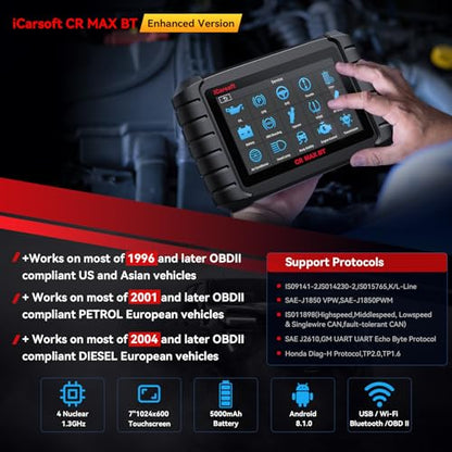 iCarsoft CR Max BT (Enhanced) Wireless Bidirectional Diagnostic Tool, ECU Adaptation/Teach-in, 49+ Reset All System Touchscreen Battery Registration ECU Coding OBD2 Scanner with 38Pin + 20Pin Adapter - style: Enhanced CR MAX BT Diagnostic Tool