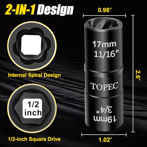 Topec 17mm x 19mm Flip Lug Nut Extractor, 1/2" Drive Lug Nut Removal Tool, 2-IN-1 Wheel Lock Remover Socket | Extension Bar Not Included - size: 17 x 19mm