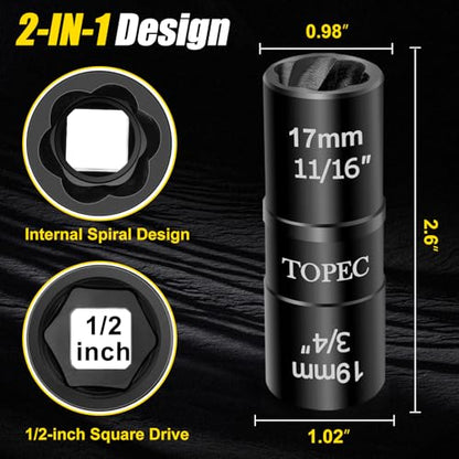 Topec 17mm x 19mm Flip Lug Nut Extractor, 1/2" Drive Lug Nut Removal Tool, 2-IN-1 Wheel Lock Remover Socket | Extension Bar Not Included - size: 17 x 19mm