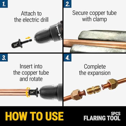 HVAC Copper Swaging Tool & Copper Flaring Tool Drill Bit Set, 11-Piece Black Soft Tube Expander, Carbon Steel, Swage & Flare for Electric Drill, Repair Kit for 1/4 3/8 1/2 5/8 3/4 7/8 Pipe