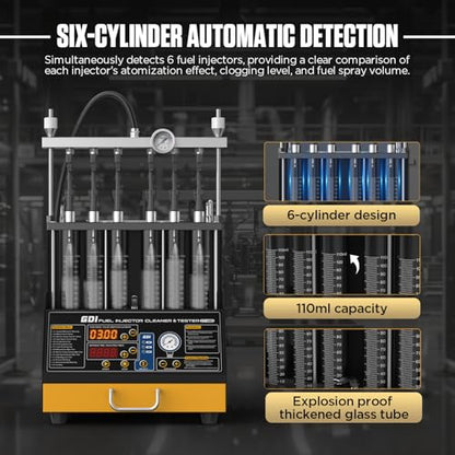 Fuel Injector Cleaner and Tester Machine, 6 Cylinder Fuel System Injection Cleaning Tester with Cleaning Fluid Heating, 3 Cleaning & 10 Testing Functions for GDl,EFI,FSI,12V/70V/120V Option - size: CT450