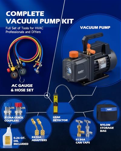 Orion Motor Tech AC Vacuum Pump and Gauge Set, 1/3 hp 4 cfm Vacuum Pump Manifold Gauge Kit with Leak Detector 4 Hoses & Accessories for R134a R22 R410a, A/C Vacuum Pump Kit for Auto HVAC Systems - size: 4.0 CFM&4 way