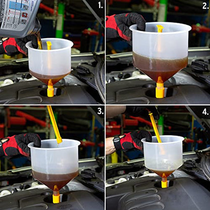 OEMTOOLS 87041 Drip Free Funnel for Automotive Fluids, 6 Piece Spill Proof Funnel Kit for Coolant, Oil and More, with Stopper, 45 Degree Elbows, 5 Inch Extension, White