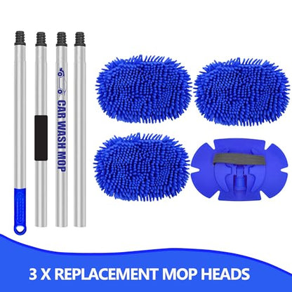 63” Long Handle Car Wash Brush Microfibre Extendable Cleaning Mop Mitt for Caravan Truck Van Tyre Window Wheel Roof 2 in 1 Interior Duster Remover Scratch Free Clean Product 3 Replacement Head
