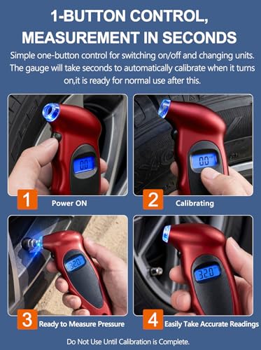 Digital Tire Pressure Gauge 150 PSI, Accurate in 0.1 Increments,1 Pack Tire Pressure Gauge with Backlight LCD, 4 Units (PSI/Bar/Kgf/cm²/KPA) Applicable to Car Truck Bicycle, Red - color: Red