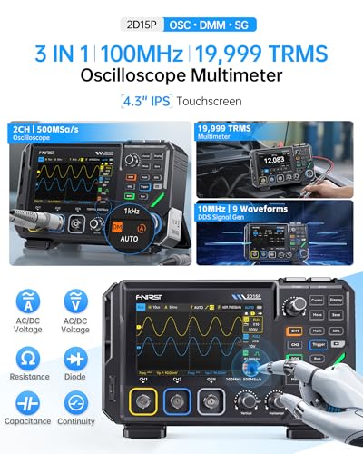 FNIRSI 2D15P 100MHz Digital Oscilloscope Multimeter DDS Signal Generator 3 in 1, 2CH Automotive Oscilloscope Multimeter 19,999 TRMS Counts, 500MS/s Sampling, 4.3'' Touch Screen