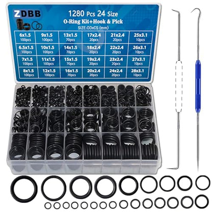 ZDBB 1280 Pcs 24 Size Rubber O-Ring Assortment Kit with Pick and Hook Set for Pressure Washer Faucet Plumbing OD 6mm-28mm