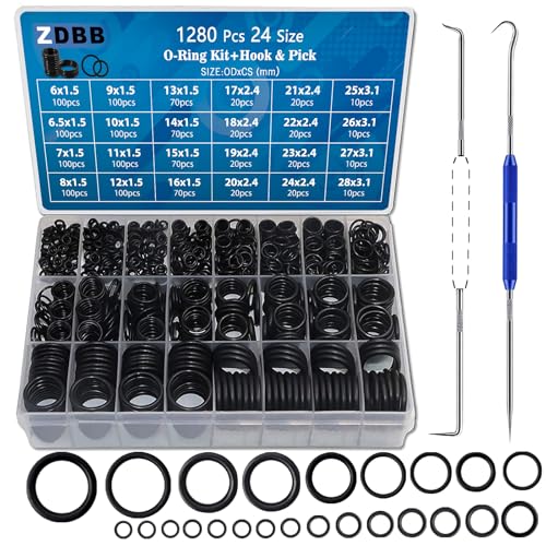 ZDBB 1280 Pcs 24 Size Rubber O-Ring Assortment Kit with Pick and Hook Set for Pressure Washer Faucet Plumbing OD 6mm-28mm
