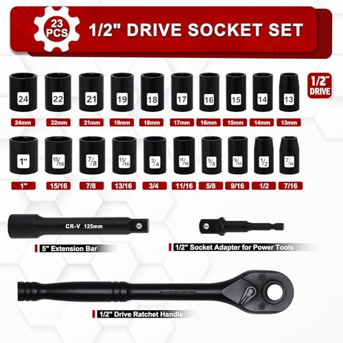 1/2" Drive Impact Socket Set, 23-Piece Shallow Socket, SAE (7/16 to 1-Inch) & Metric (13-24 mm) Sizes, Ratchet Handle, Adapter, CR-V Steel