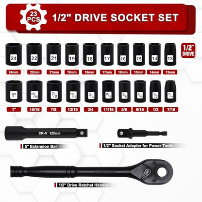 1/2" Drive Impact Socket Set, 23-Piece Shallow Socket, SAE (7/16 to 1-Inch) & Metric (13-24 mm) Sizes, Ratchet Handle, Adapter, CR-V Steel