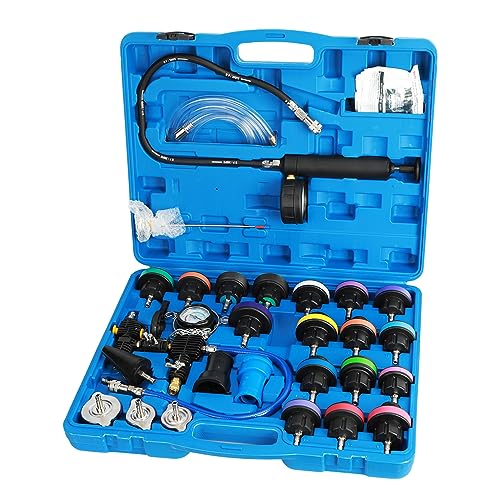 28 Pcs Universal Radiator Pressure Tester, Vacuum Type Cooling System Tool Kit w/Carrying Case, Coolant Pressure Tester Kit, Coolant Vacuum Refill Kit for Cooling System Blue