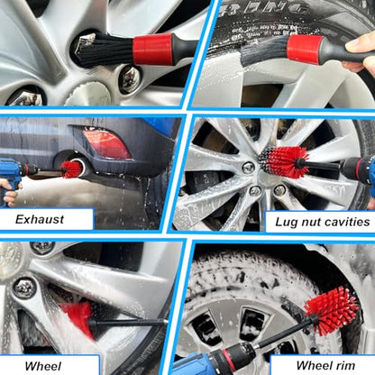Wheel Brush Kit, Soft Drill Wheel Cleaner Brush, No Scratches Highly Dense Car Cleaning Brush Set for Wheels, Rims, Engines, Exhaust(Red/Black,2Pcs) - color: Red/Black,2pcs