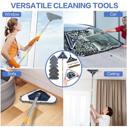 Wall Cleaner Mop, 80" Long Handle, 360° Ceiling Cleaning Tool | 5-in-1 Triangle Wall Mop for Painted Walls, Drywall, Baseboard, with Chenille Microfiber (6 Replacement Pad) Brush Scraper