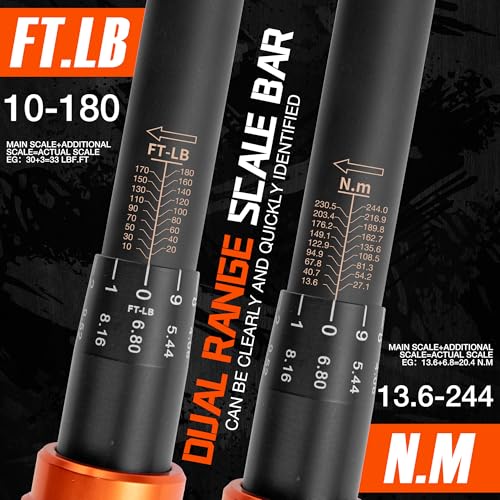 1/2-Inch Drive Click Torque Wrench, 10-180 Ft-Lb/13.6-244.0 Nm, Dual-Direction 72-Tooth Ratchet, ±3% Precision with Dual Scale Torque Wrenches for Bike, Motorcycle & Car - size: 1/2”DR 「10-180 FT-LB」