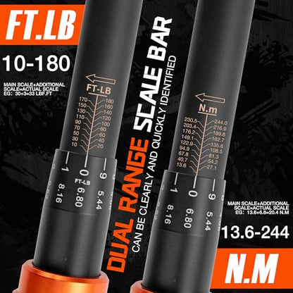 1/2-Inch Drive Click Torque Wrench, 10-180 Ft-Lb/13.6-244.0 Nm, Dual-Direction 72-Tooth Ratchet, ±3% Precision with Dual Scale Torque Wrenches for Bike, Motorcycle & Car - size: 1/2”DR 「10-180 FT-LB」