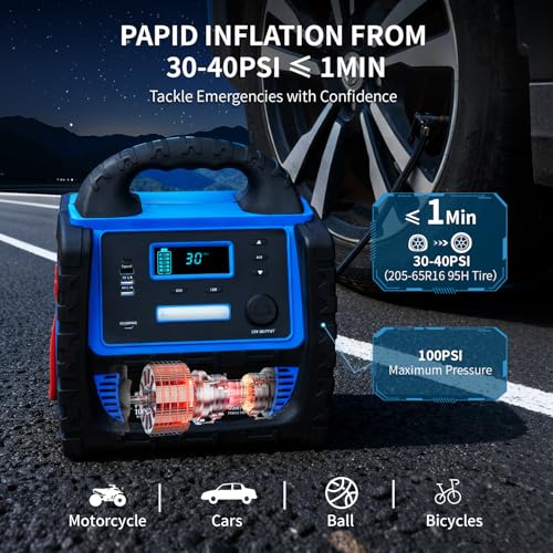 2400A Car Battery Jump Starter and Portable Power Station – Starts 8.0L Gas & 8.0L Diesel – 6-in-1 Jump Starter with Air Compressor 100 PSI Tire Inflator – 400 Watt Inverter AC/DC/USB Outlets - style: Blue