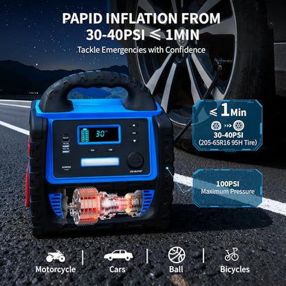 2400A Car Battery Jump Starter and Portable Power Station – Starts 8.0L Gas & 8.0L Diesel – 6-in-1 Jump Starter with Air Compressor 100 PSI Tire Inflator – 400 Watt Inverter AC/DC/USB Outlets - style: Blue