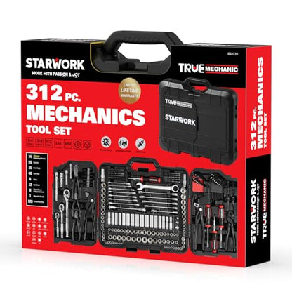 STARWORK TRUE MECHANIC 312-Piece Mechanics Tool Set and Socket Set, Professional 【Pliers Wrench】 SAE/Metric, Mirror-Finish Sockets & Ratchet Wrenches - size: 312 PW_Mirror