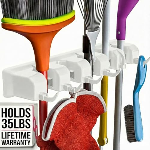 Broom Holder Wall Mount, Mop and Broom Organizer – Wall Mounted Broom Rack & Mop Rack, Rack for Brooms and Mops | Broom Hanger Wall Mount with 5 Slots & 6 Hooks, Kitchen Garage Laundry Garden (White) - color: White, size: 1 Pack