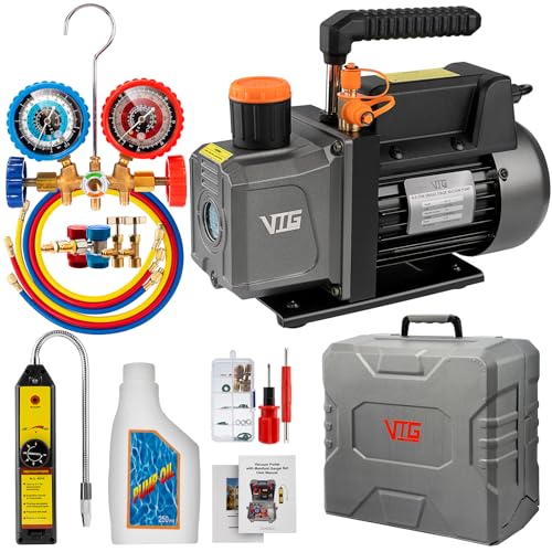 VTG VOGTEN 4.5 CFM AC Vacuum Pump and Gauge Set,for Mini Split/HVAC/Auto Systems,Manifold Gauge Kit Fits R134a R12 R22 R502,with Leak Detector,Upgraded Trifold Storage Case,3 Hoses,2 R134a Can Taps - size: 4.5 CFM&3 way(R134a R12 R22 R502 Compatible)