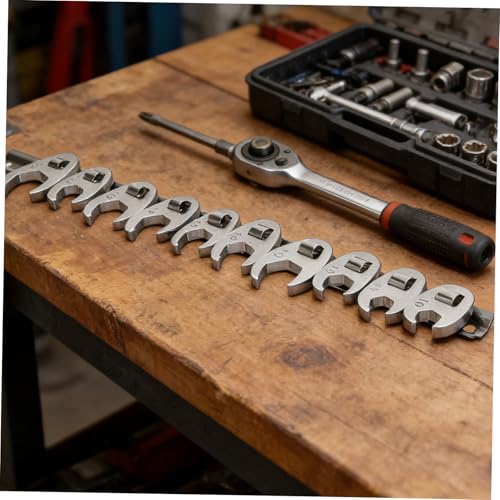 10pcs 3/8-inch Metric Ratcheting Crowfoot Wrench Set with Interchangeable Open-end Heads, Silver Steel Flare Nut Ratchet Tool for Automotive and Mechanical Repair