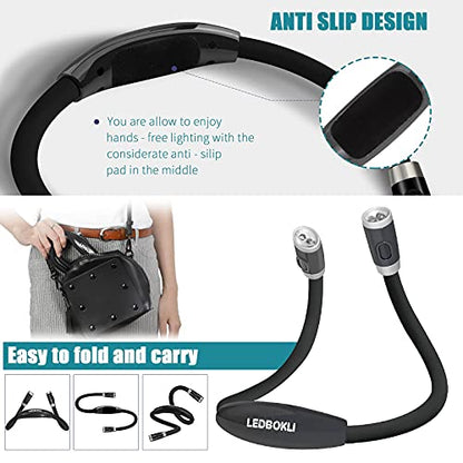 LEDBOLIK Neck Reading Light Black, 660mAh Rechargeable Book Light for Reading in Bed – 6 Brightness, Bendable Arms, Hands Free for Knitting, Crocheting - color: 660mAh Black