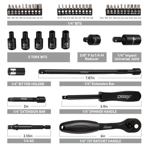 DISEN 94 PCS 1/4" Drive Impact Socket Set | Shallow & Deep Socket SAE(5/32"-9/16") & Metric(4-15mm), Torx Screwdriver Bit Set, CRV, Automotive Repair - style: 1/4" 94PCS
