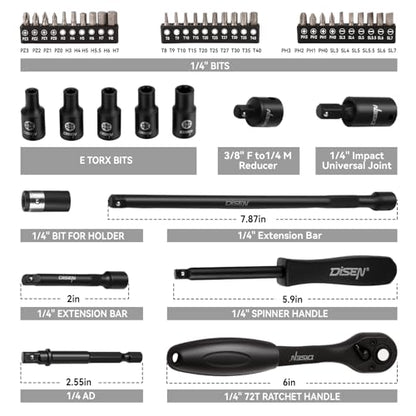 DISEN 94 PCS 1/4" Drive Impact Socket Set | Shallow & Deep Socket SAE(5/32"-9/16") & Metric(4-15mm), Torx Screwdriver Bit Set, CRV, Automotive Repair - style: 1/4" 94PCS