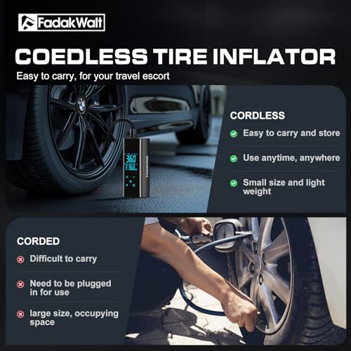 FADAKWALT Tire Inflator Portable Air Compressor, 150 PSI Cordless Air Pump for Car Tires with Smart Touch Screen, Auto Shut-Off Digital Gauge and SOS LED Light for Cars, SUVs, Bikes and Balls