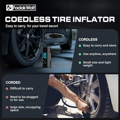 FADAKWALT Tire Inflator Portable Air Compressor, 150 PSI Cordless Air Pump for Car Tires with Smart Touch Screen, Auto Shut-Off Digital Gauge and SOS LED Light for Cars, SUVs, Bikes and Balls