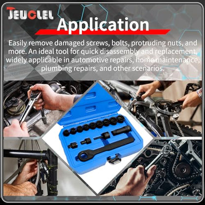 14PCS SAE Pass Through Socket Set, 3/8" Drive Go-Thru Ratchet Kit | SAE Impact, Deep Socket Wrench Adaptor, Reversing Ratchet, Extension Bar, Cr-V Steel, Low Profile, Long Bolts, Tight Spaces - size: 14Pcs Sae