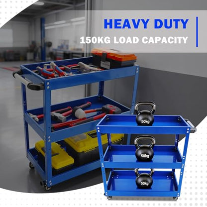 3 Tier Rolling Work Cart on Wheel Small Utility Cart | Heavy Duty Metal Shop Carts Organizer Mobile Tool Storage Service Small Work Cart for Maintenance Garage Mechanics Industrial